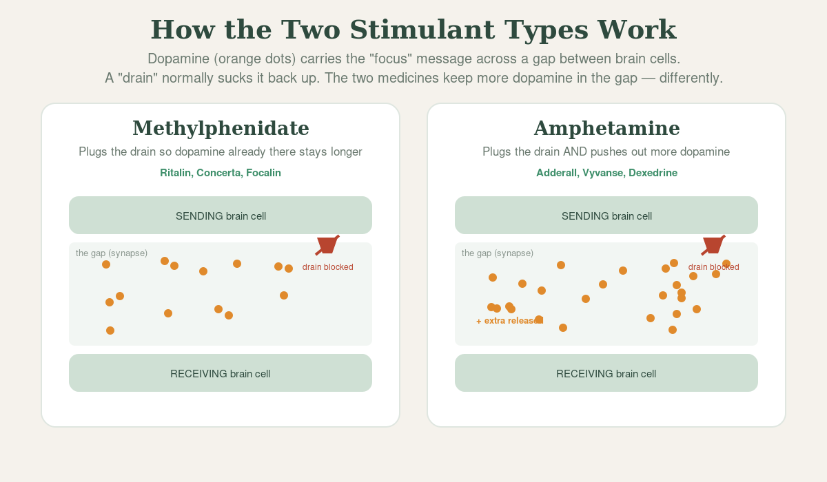 Diagram comparing how methylphenidate blocks dopamine reuptake while amphetamine both blocks reuptake and releases more dopamine